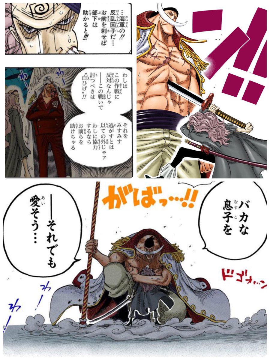 敵(赤犬)の罠にかかって親父(白ひげ)を刺してしまった息子(スクアード