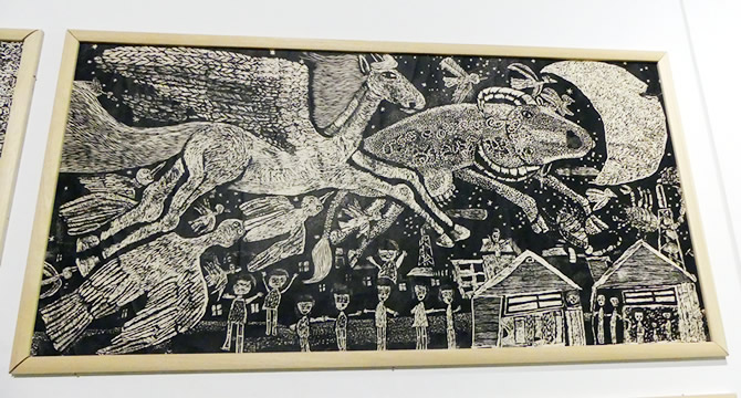 ウルスラがキキを描いた絵は、八戸市立湊中学校の生徒たちが制作した