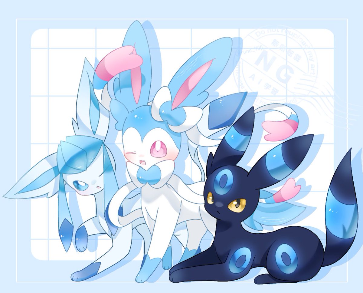 💙 #ポケモンイラスト #色ブイズの日 #ニンフィア #グレイシア #ブラッキー