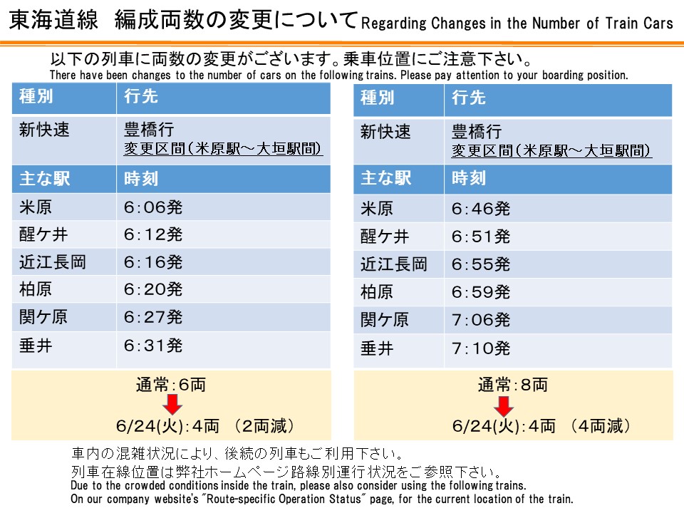 06月23日21時30分現在】 【明日（6/24）東海道線 編成両数の変更