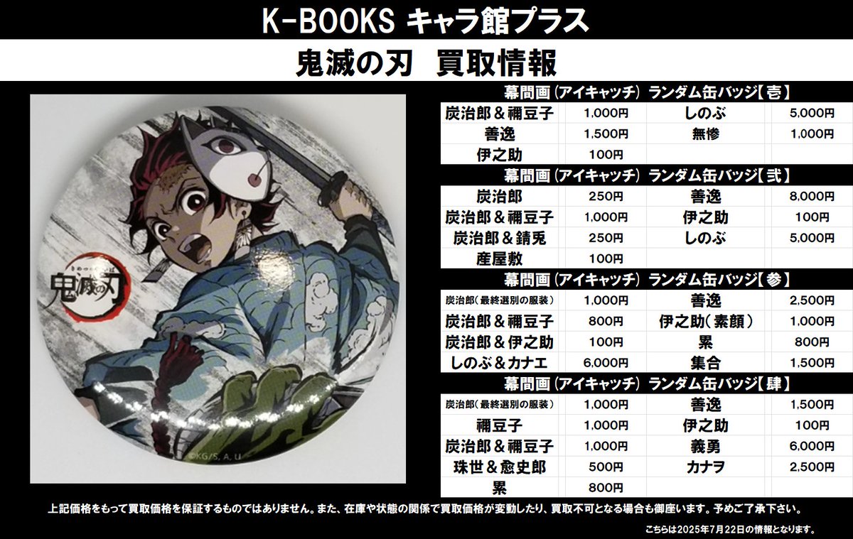 買取情報】 鬼滅の刃 ☆幕間画（アイキャッチ）ランダム缶バッジ【壱