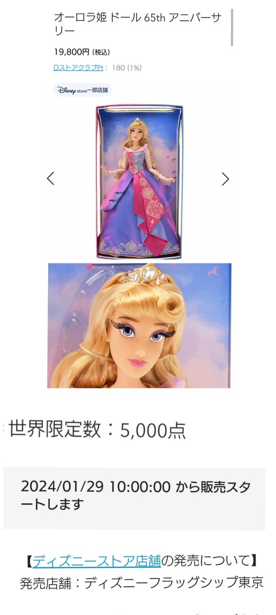 1月29日発売 オーロラ姫 ドール 世界限定数 5000点 ドレスは見る角度