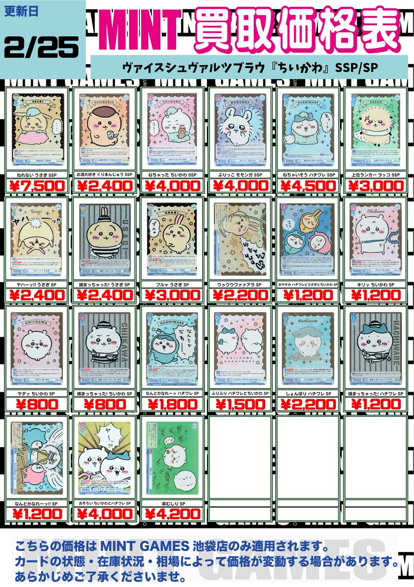買取情報】 #ヴァイスシュヴァルツブラウ 『ちいかわ』SSP/SP買取表を