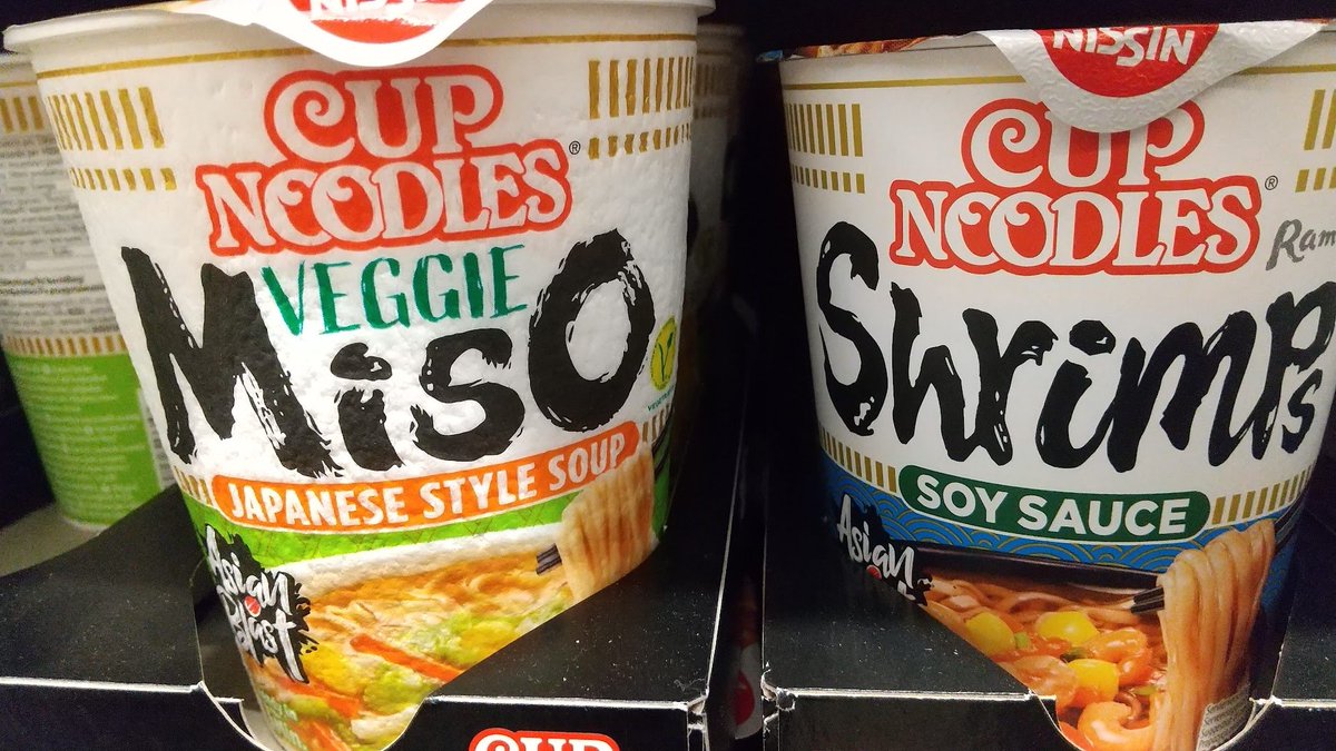 Nissin Cup Noodles for the European taste: Veggie Miso, Shrimp Soy