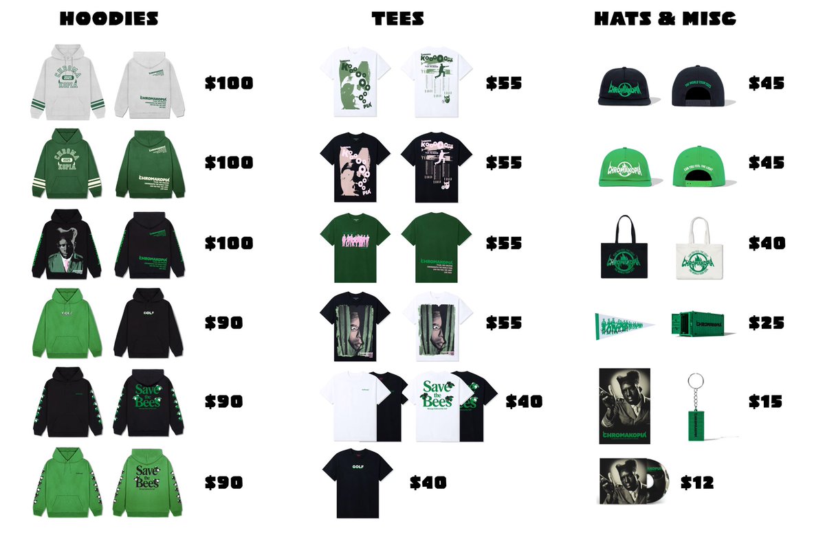 Tyler, The Creator's merch and prices for the CHROMAKOPIA Tour