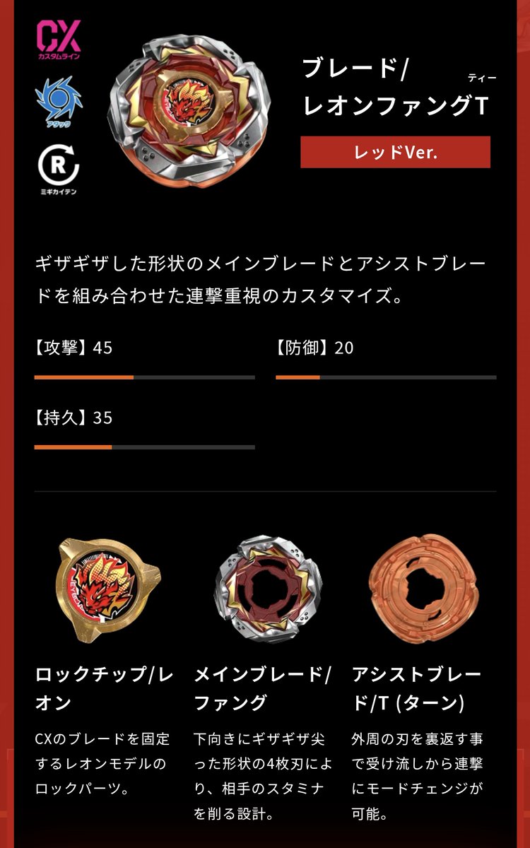 レオンファングT4-60A レッドVer. パーツ詳細 #ベイブレードX #BEYBLADEX
