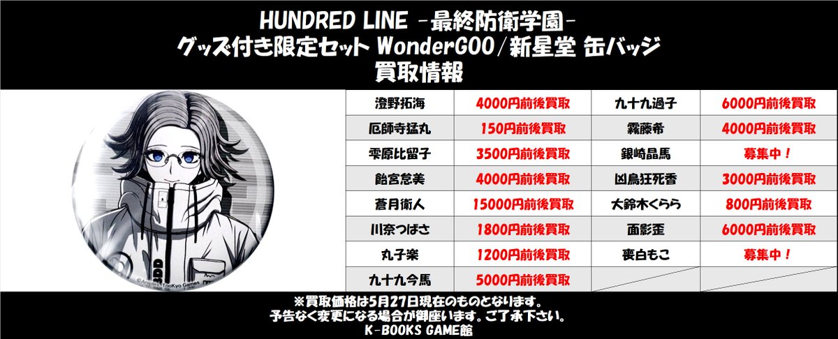 買取情報】 HUNDRED LINE -最終防衛学園- WonderGOO/新星堂 缶バッジ