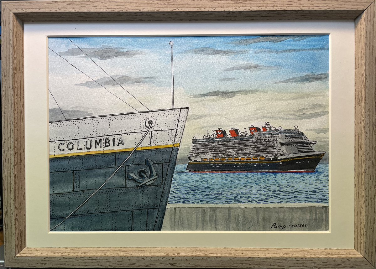 水彩ペン画 早朝の浦安舞浜沖を東京港に向かって航行する、ディズニー