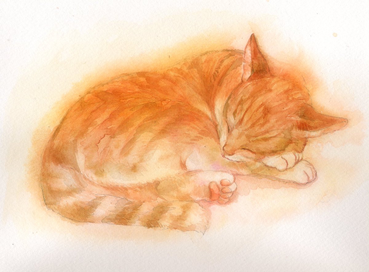 猫の日 なので、過去の猫ちゃん絵を。透明水彩特有のぼかし、にじみで