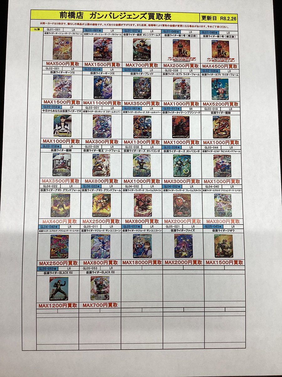仮面ライダーのガンバレジェンズ買取価格表更新しました。PCXだけ明日