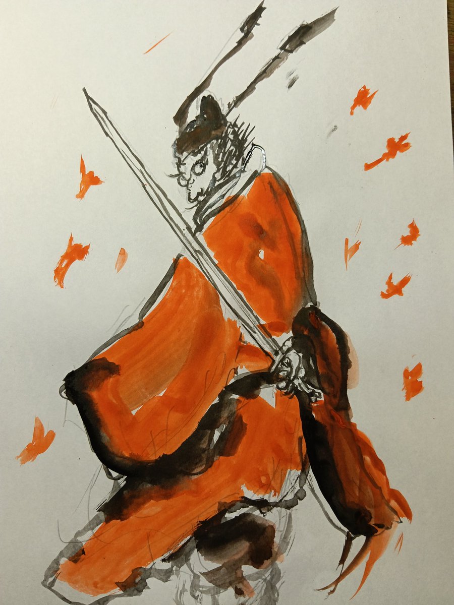 鍾馗様 即興絵 朱墨＋墨汁（天衣無縫） #墨絵 #水墨画