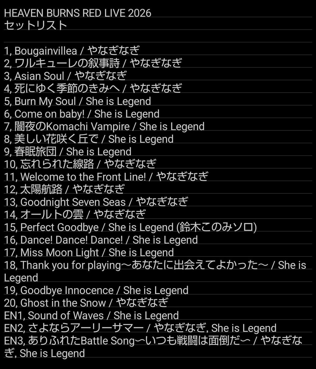 HEAVEN BURNS RED LIVE 2026 セットリスト セトリ #ヘブバンライブ2026
