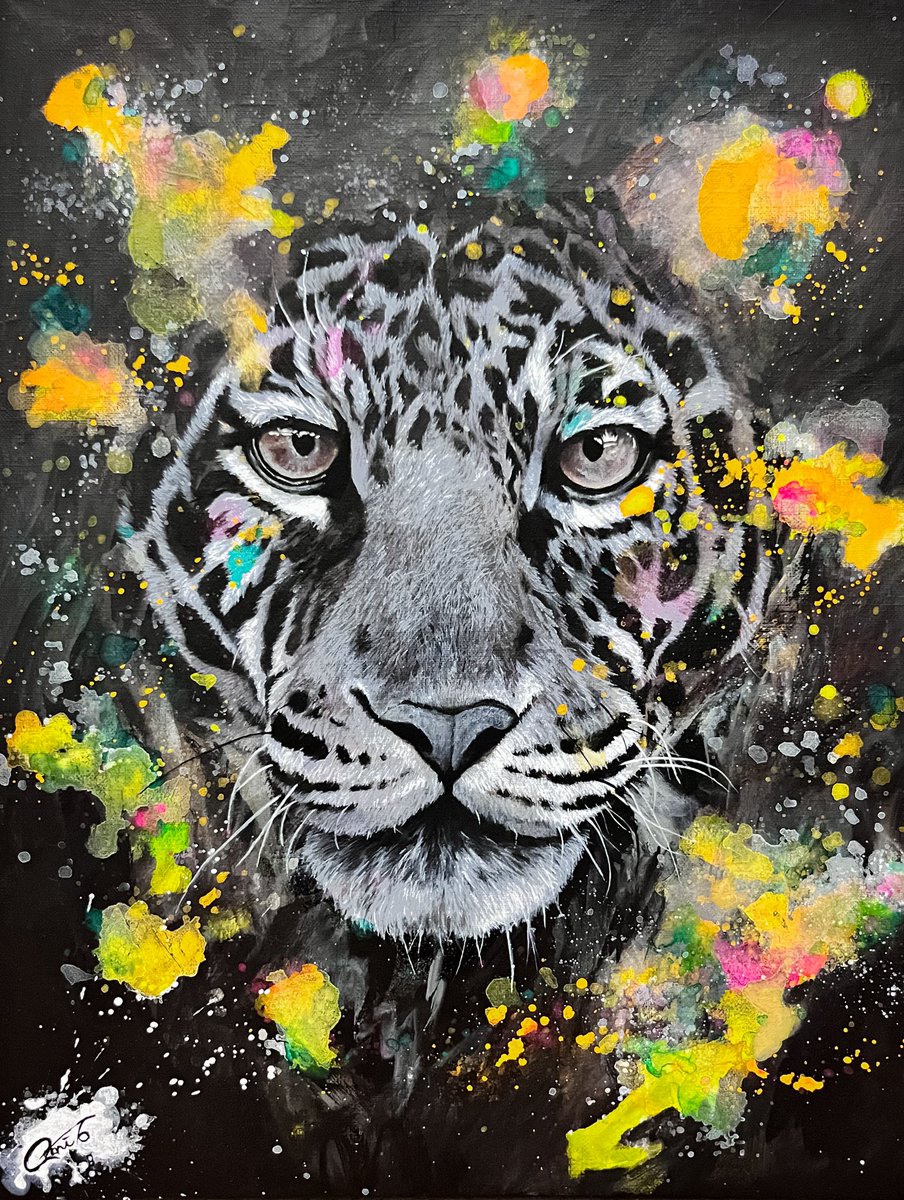 モノクロ×カラフル】 アクリル絵の具でジャガーを描きました🎨