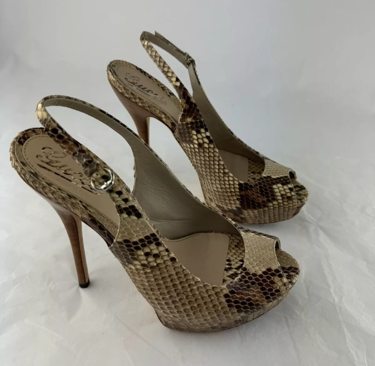 GUCCI Platform Brown Leather Peep Toe Ankle Strap Snakeskin 38.5
