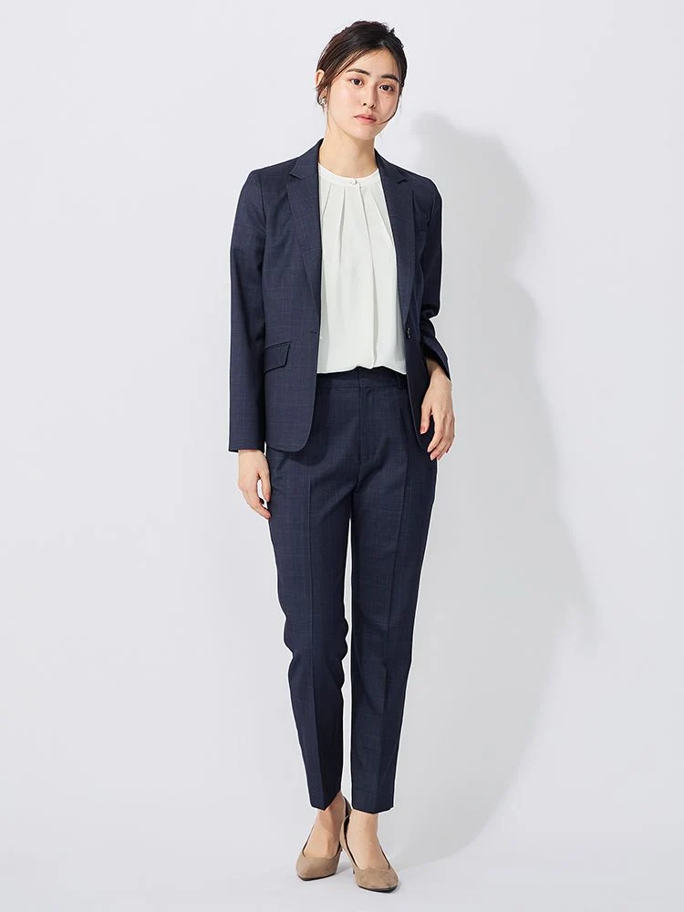 デニムライクスーツ チェック柄 テーパードパンツ ネイビー | P.S.FA