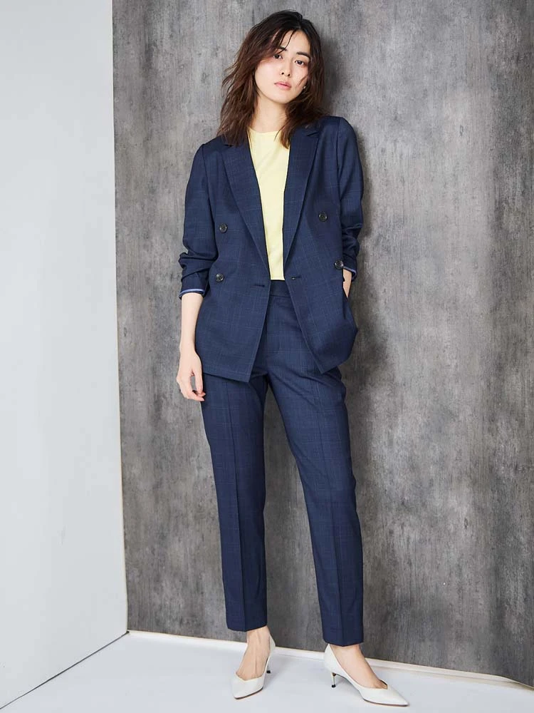 デニムライクスーツ チェック柄 テーパードパンツ ネイビー | P.S.FA