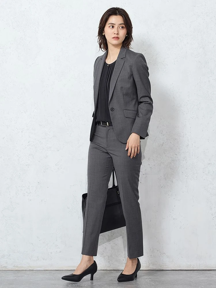 ネイビー ラク美スーツ 撥水加工 テーパードパンツ ストライプ