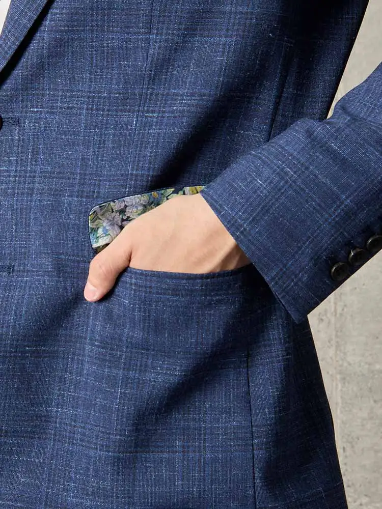 ブラウン リネン混 ウールシングルジャケット チェック ブラウン