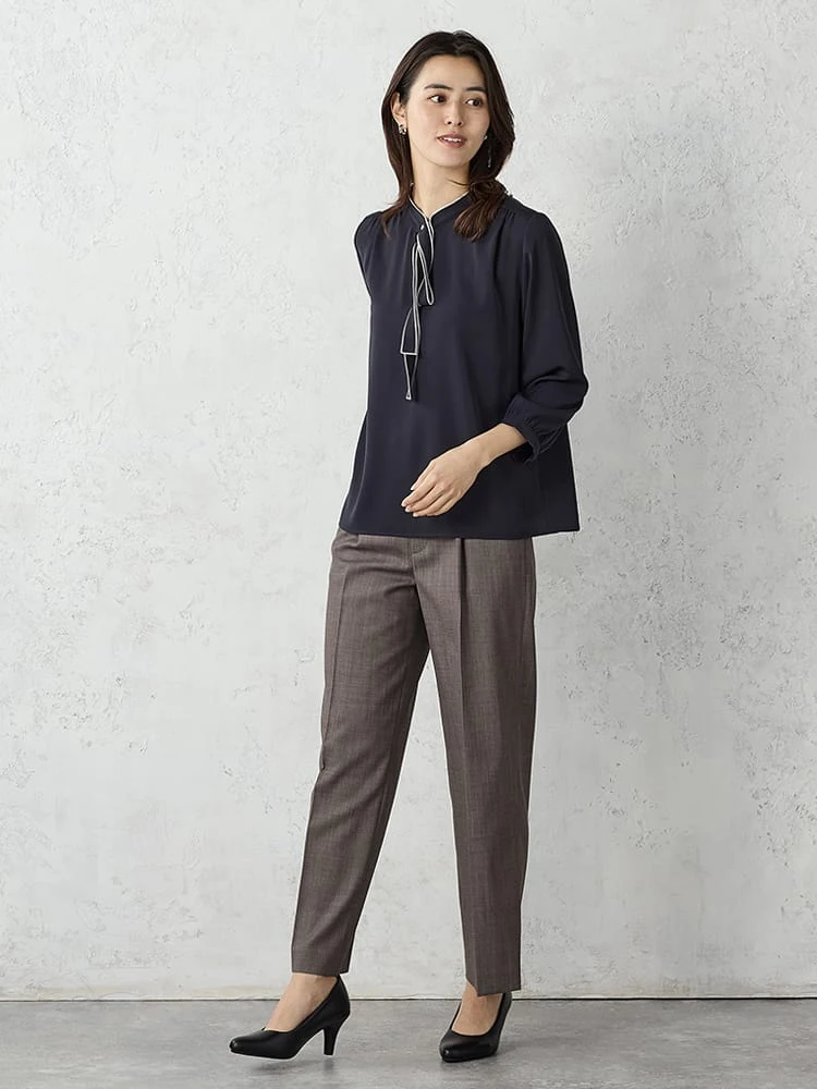 ネイビー 配色メロウ ボウタイブラウス ホワイト/ベージュ/ブラウン