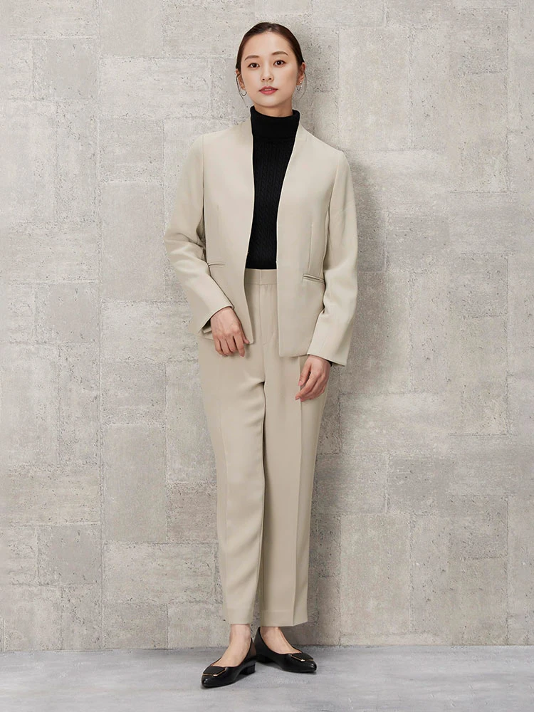 ネイビー バックサテンジョーゼット ノーカラージャケット ベージュ