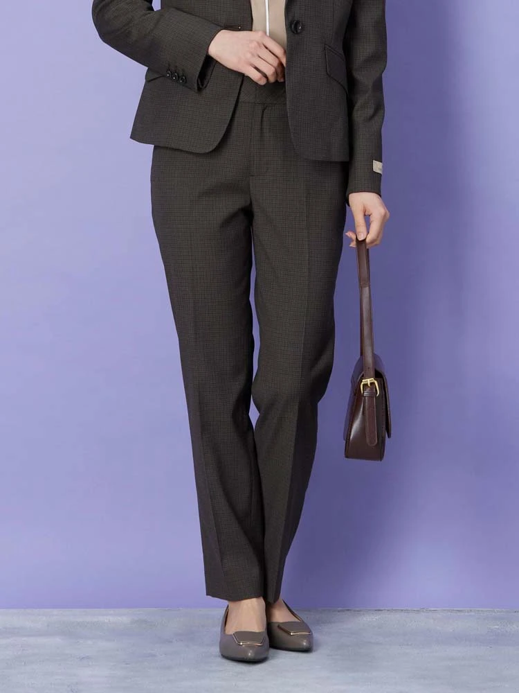 ブラウン デレガントスーツ ミニチェック テーパードパンツ ネイビー