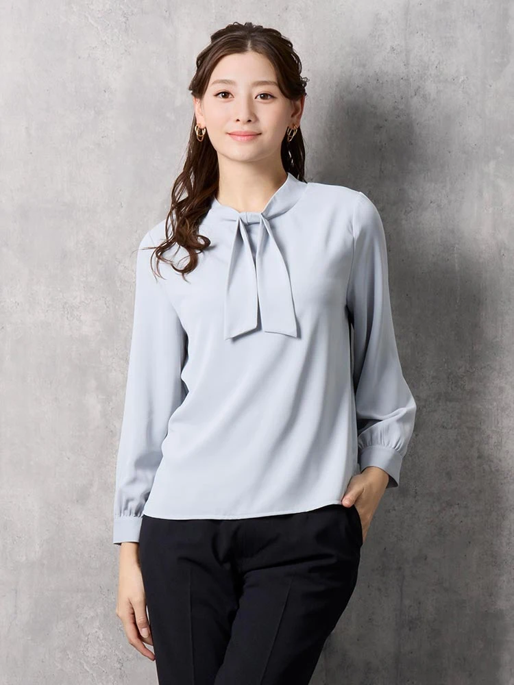 L．グレー フロントリボン ボウタイブラウス グレー/オフホワイト