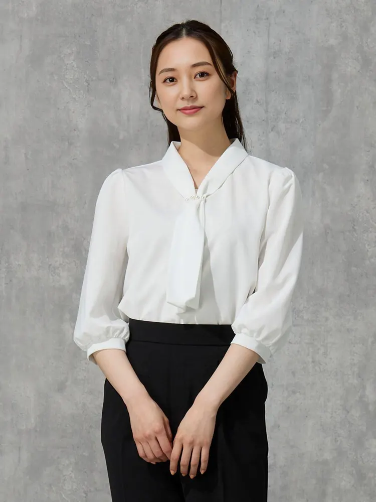 オフホワイト パール付き ボウタイブラウス オフホワイト/ブラック