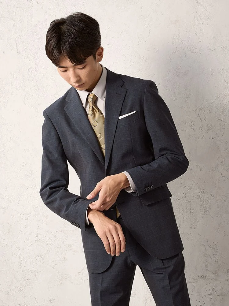 ネイビー 【上下洗える】TRANS CONTINENTS 2釦 グレンチェックスーツ