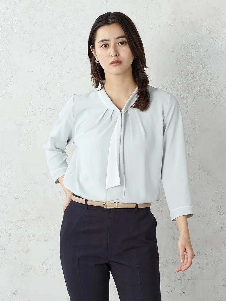 ネイビー 配色マリン ボウタイブラウス ホワイト/ベージュ/グリーン