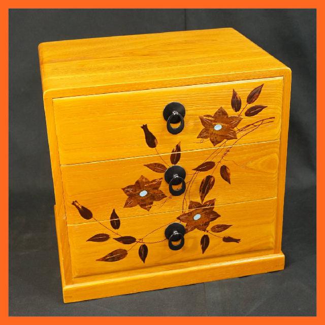 木工芸 小箪笥 桜皮細工 貝入 鉄仙 三ッ引出 小物入れ 収納 小型たんす