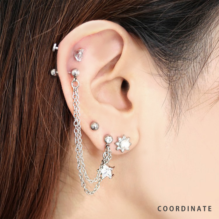 ボディピアス 2つのホールを繋げる ロングチェーンバーベル#ジュエル