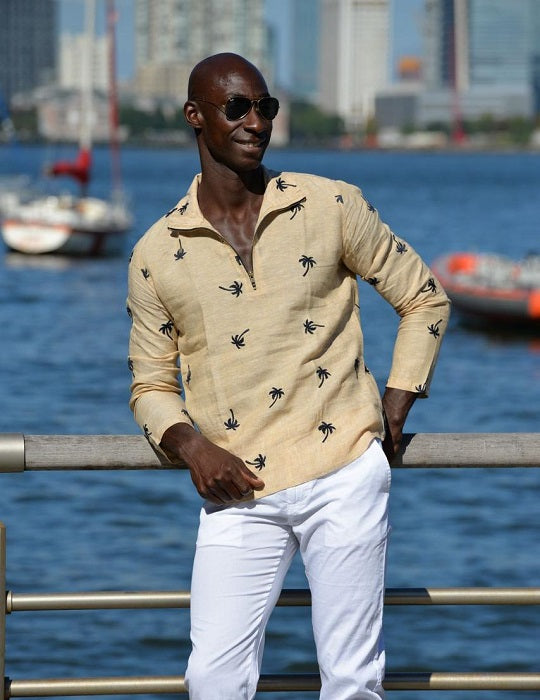 Men's Sicily All Over Embroidered Long Sleeve Zip Up Linen Shirts