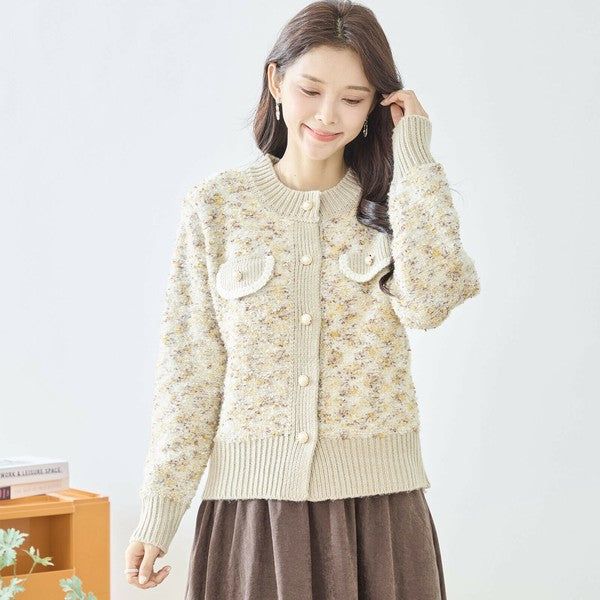 M〜L】フェミニンツイード調ニットカーディガン｜立体編み×パール