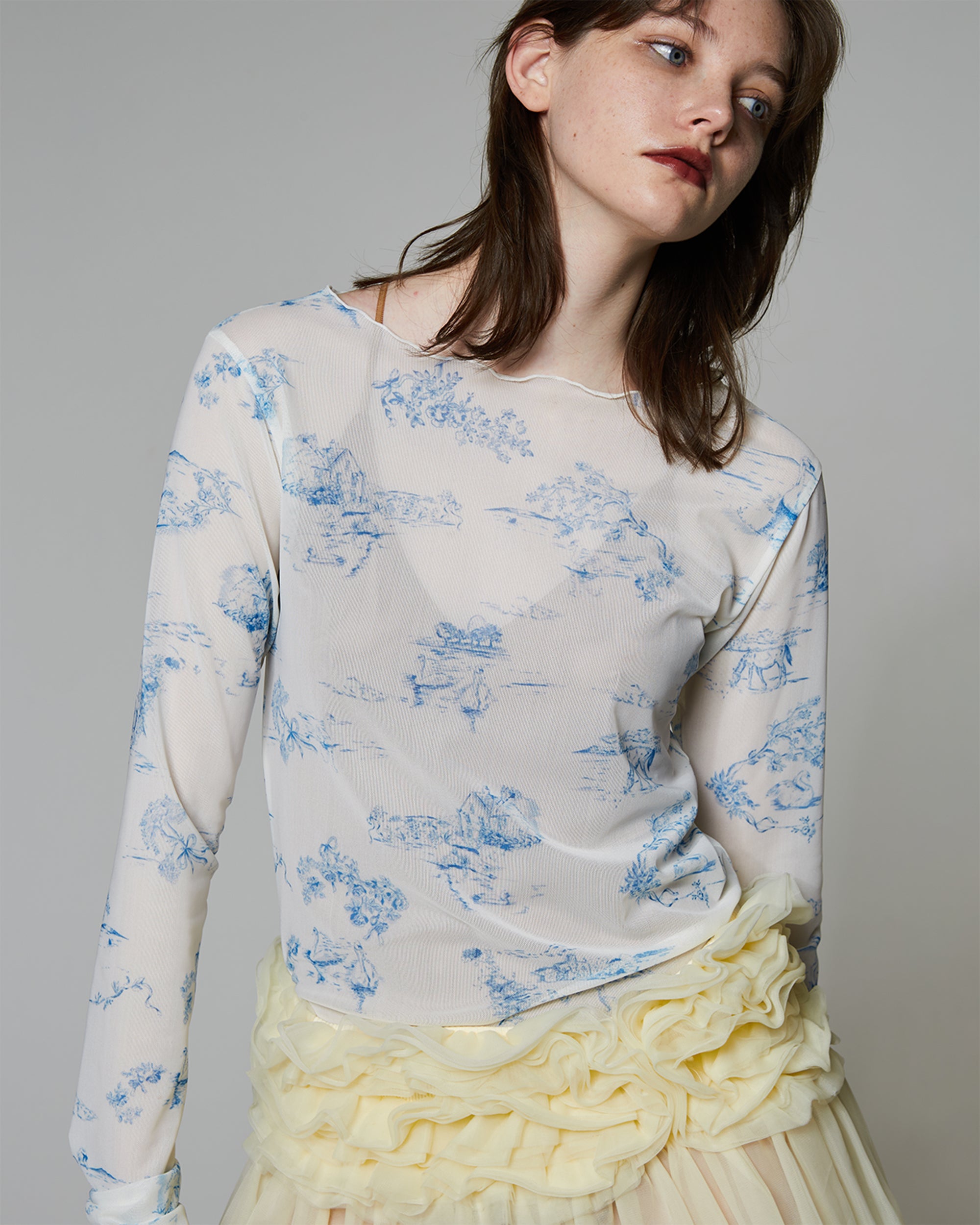 Toile de Jouy see-through tops (Round neck)