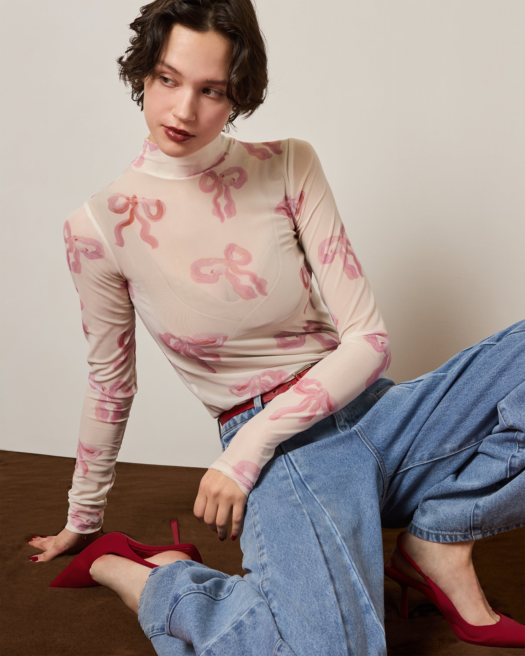 Pink ribbon see-through tops (High neck)