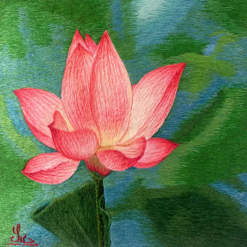 受注生産】ベトナム シルク刺繍絵 Mr. クオック・スー作品 蓮