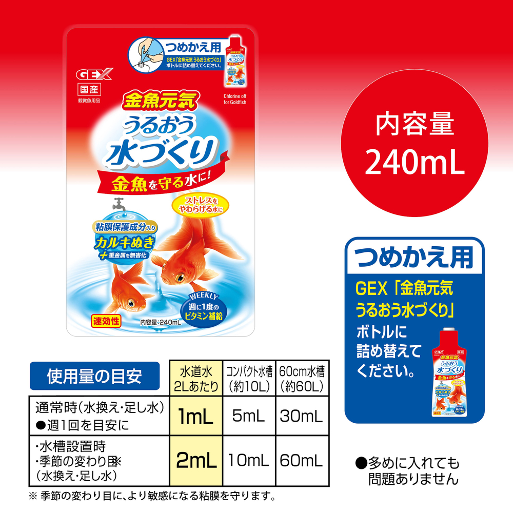 金魚元気 うるおう水づくり詰替用240mL | ジェックス株式会社