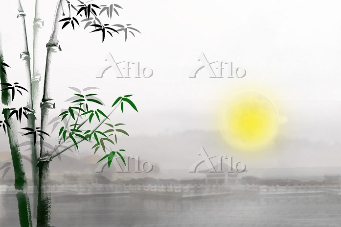 イラスト 水墨画風 月と竹と街並み [37120140]のイラスト素材 - アフロ