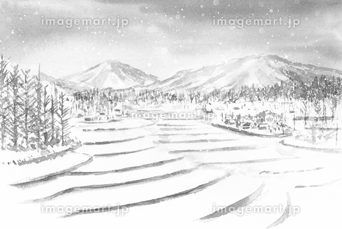 冬の棚田の風景の水墨画のイラスト素材 [234764651]｜毎月1点無料