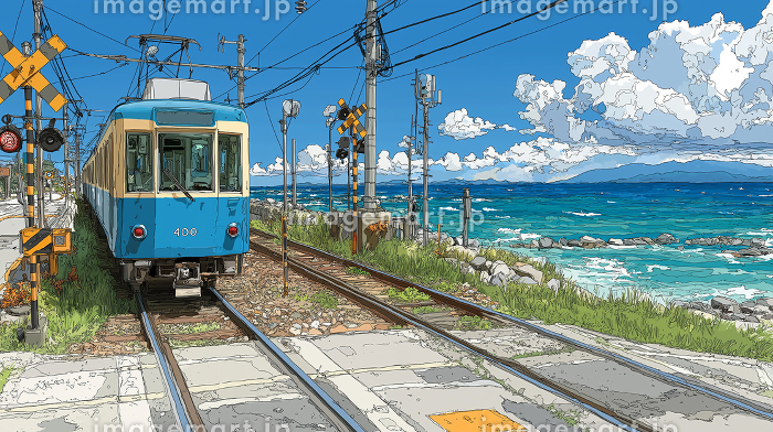 青い空とエメラルドグリーンの海、夏の陽射しがきらめく海岸線を走る