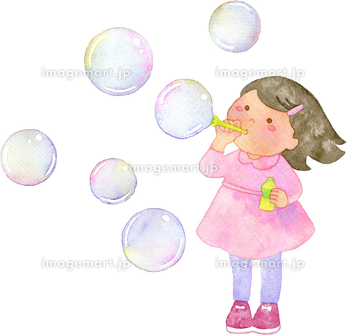 シャボン玉を吹く子供の水彩イラスト(女の子) [259854154]｜毎月1点