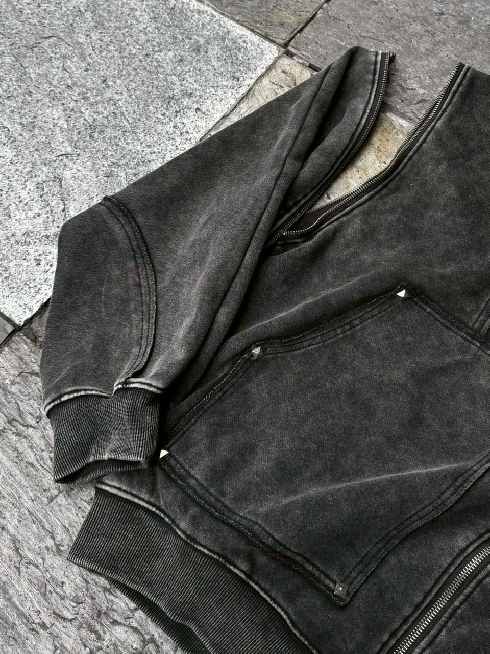 Never mind the XU】studs washing zip up hoodie / 【ネバーマインド