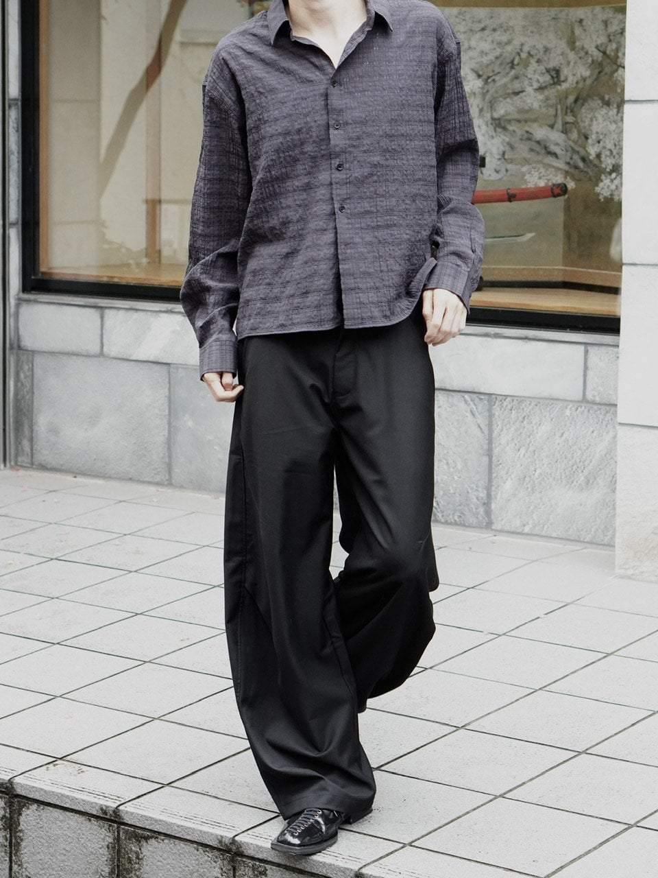 東京店WEB限定受注制【Chikashitsu +】cropped check sheer shirt