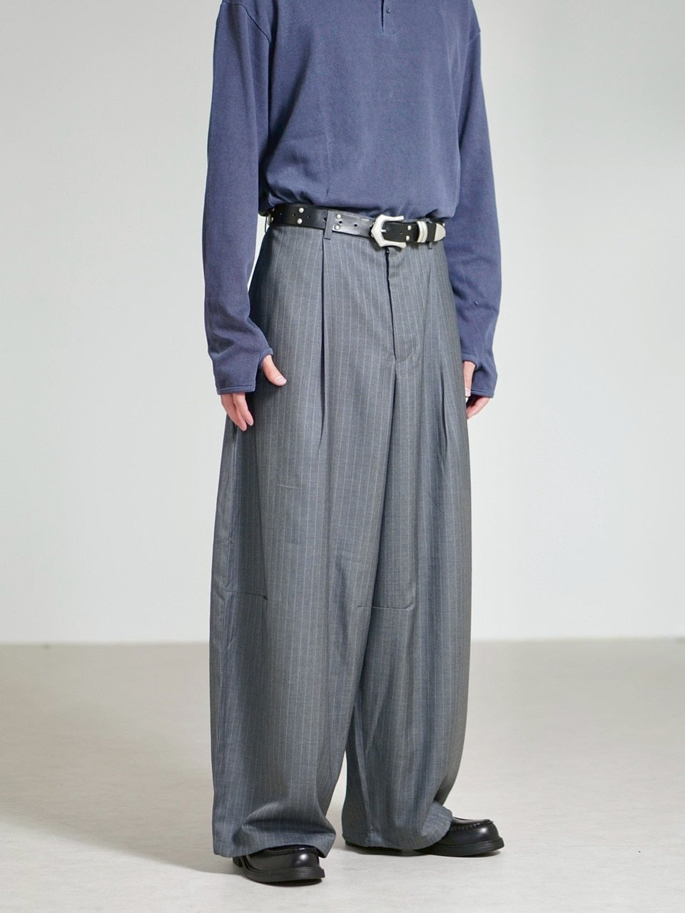 受注制【Chikashitsu +】draw cord stripe wide slacks