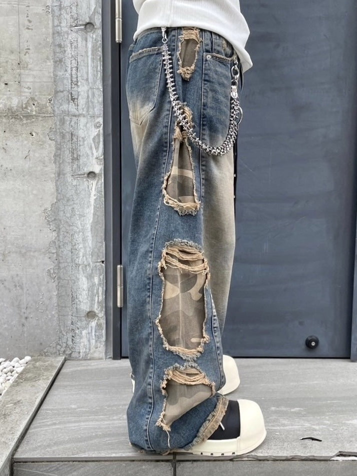 受注制【Never mind the XU】camouflage side damage denim pants