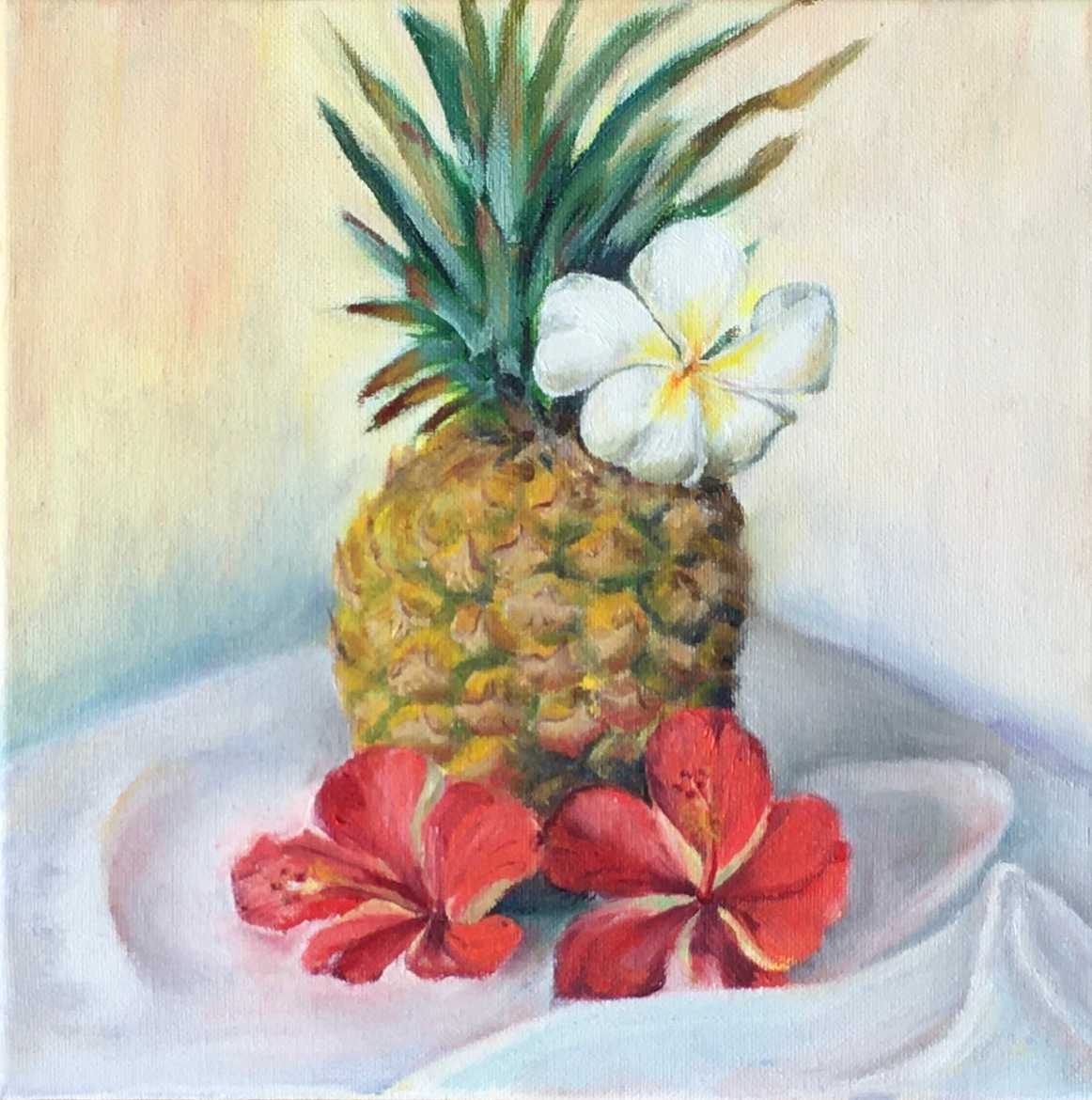 パイナップルとハイビスカス（油絵） - ハワイ生活のブログ