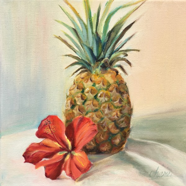 パイナップルとハイビスカス（油絵） - ハワイ生活のブログ