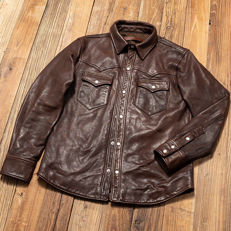 植物タンニン鞣し ウォッシュ加工 シープレザー ウエスタンシャツ☆M