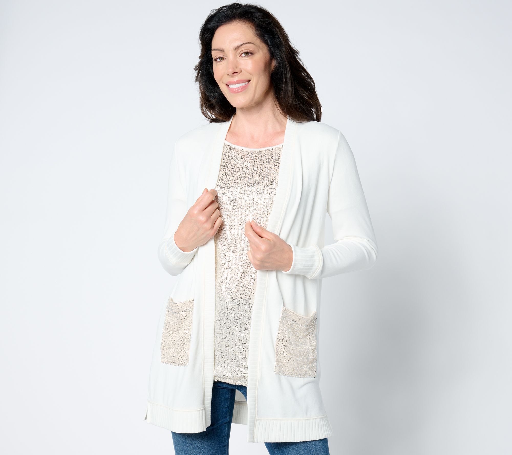 Jingle Belles by Kim Gravel Sequin Pocket Brushed Knit Duster