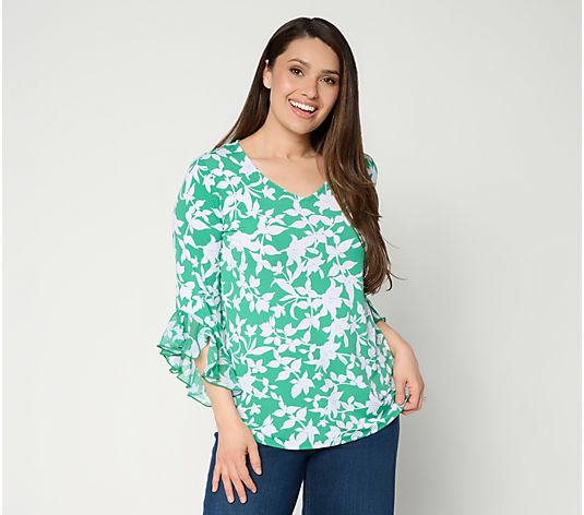Susan Graver Printed Liquid Knit Top with Chiffon Ruffle Sleeve